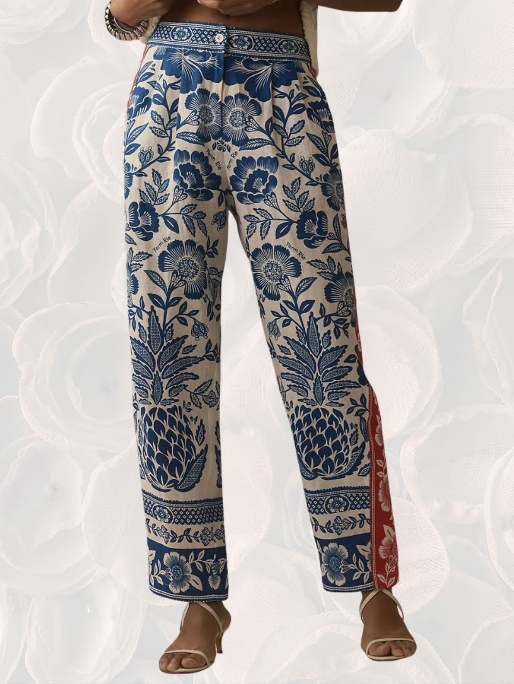 FARM Rio for Anthropologie Blue Floral Pants Red Side Stripe Size S